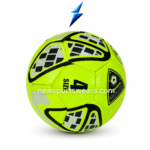 Side view of size 4 custom football with neon green design and durable construction