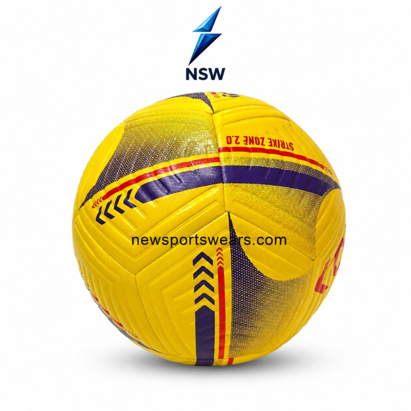 Bright yellow training football with purple stripe design, red accents, and molded panel texture available at newsportswears.com.