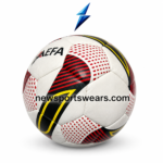 size 5 soccer ball with white red black and yellow design textured surface and stitched panels by NewSportsWears