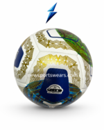 Modern white and gold football with blue graphic design and textured outer surface