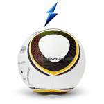 Custom white soccer ball showing black curved panels, yellow borders, textured PU surface and professional product layout