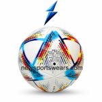 OEM white soccer ball featuring sky blue, red, yellow and black graphic panel design with textured finish and custom logo placement