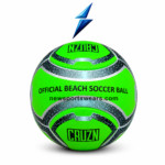 Official beach soccer ball style green football with textured surface, curved black silver panels, and professional product appearance.
