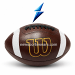 Official size 9 American football with pebbled brown surface, black laces, gold markings, white stripes and product specification details