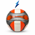 Official match style orange soccer ball with black white design, textured surface, and modern football graphics.