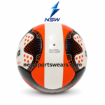 Orange black soccer ball with white textured panels, dotted graphics, and stitched design by New Sports Wears.