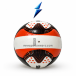 Premium orange training football with black dotted graphics, white panels, and glossy textured sports finish.