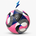 Wholesale soccer ball showing pink, black, white and deep blue curved panel design with visible stitching and textured surface