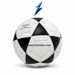 Premium classic soccer ball with black white geometric panels, leather-like texture, and professional football appearance.