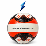 Orange black soccer ball with white textured panels, dotted graphics, and stitched design by New Sports Wears.