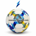 Modern geometric soccer ball with blue, light blue, yellow, and black graphics on a white textured surface.