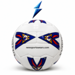 Side view of Ultimax soccer ball showing blue red gold graphic pattern, stitched seams, and glossy white football surface.
