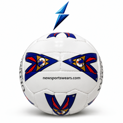 Side view of Ultimax soccer ball showing blue red gold graphic pattern, stitched seams, and glossy white football surface.