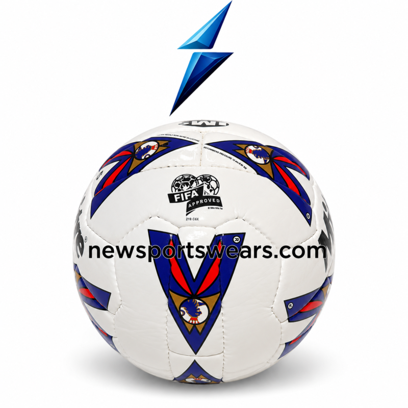 Premium Ultimax soccer ball with glossy white surface, stitched panels, and blue red gold design available at newsportswears.com.