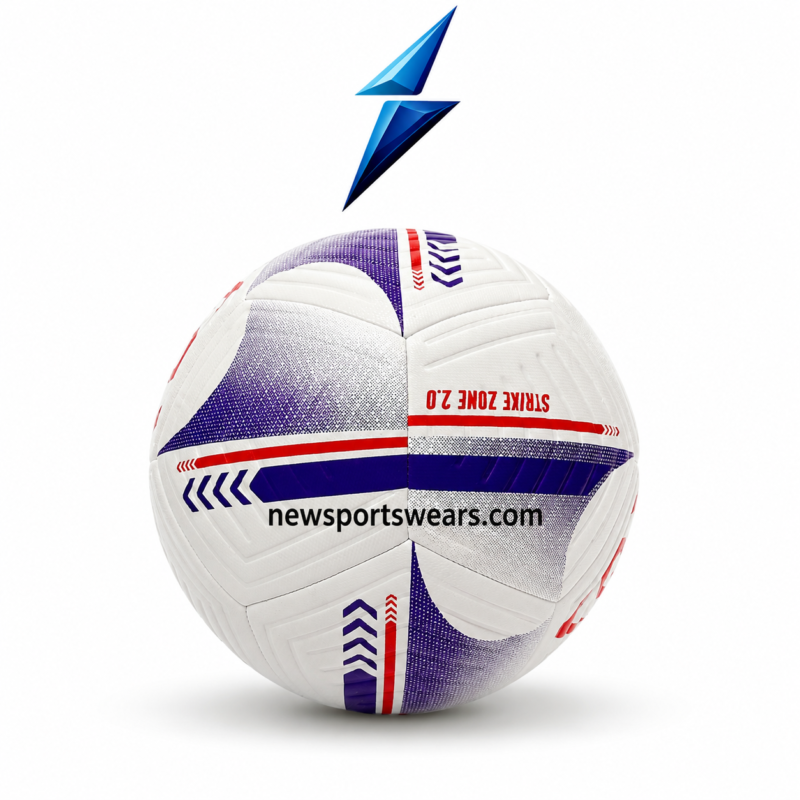 Strike Zone 2.0 white soccer ball with purple red graphics, textured panels, and premium training design by New Sports Wears.