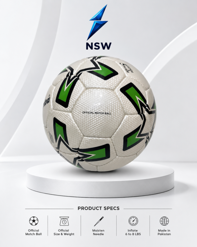 NSW Official Match Soccer Ball featuring a premium white textured surface with bold green and black graphics.