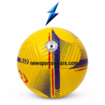 Premium yellow soccer ball with Strike Zone 2.0 design, embossed grooves, stitched seams, and high-visibility color.