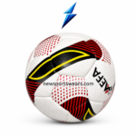 White red black and yellow training football with stitched panels and textured grip surface