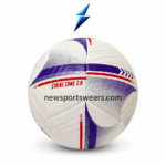 Side view of Strike Zone 2.0 soccer ball showing white textured surface, purple graphic pattern, red details, and stitched panel design.