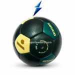 Green size 5 soccer ball with textured grip surface stitched panels and teal yellow accents by NewSportsWears