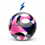 OEM soccer ball with pink blue black and white graphic panels, textured finish, stitched construction and centered branding