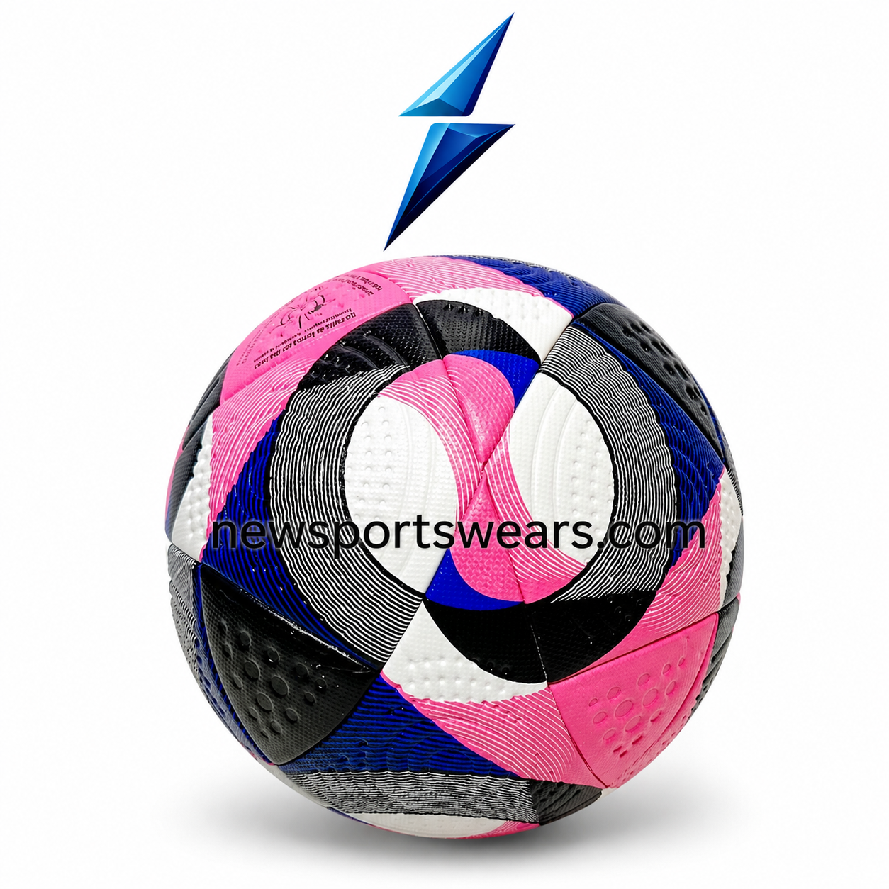 Textured Training Soccer Ball with Custom Logo Placement Textured training soccer ball with bold pink and blue pattern, black grip panels, white sections and custom NSW logo placement