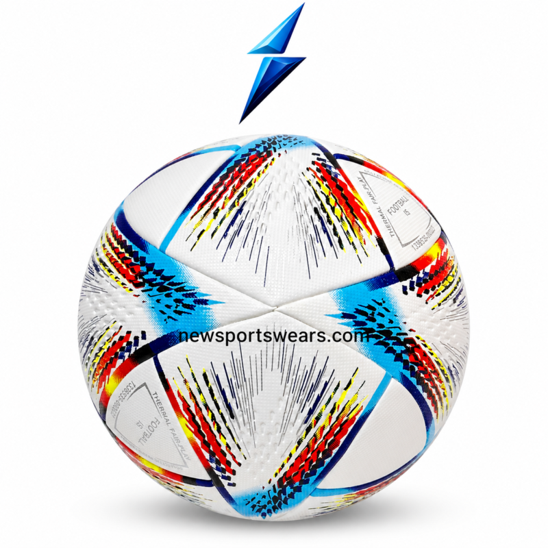 Wholesale thermal bonded soccer ball showing white geometric panels, textured grip surface and colorful blue red yellow speed graphics