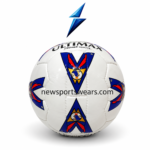 Side view of Ultimax soccer ball showing blue red gold graphic pattern, stitched seams, and glossy white football surface.