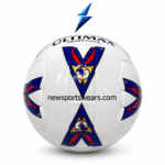Durable stitched training football with glossy white panels and professional blue red gold soccer ball design.