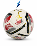 Custom soccer ball with white red black and gold graphics for training match play and club use