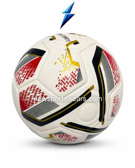 Custom soccer ball with white red black and gold graphics for training match play and club use