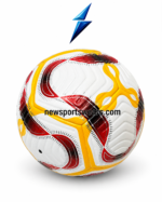 custom team soccer balls OEM bulk football with white base yellow red black graphics and private label packaging