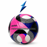 OEM soccer ball with pink blue black and white graphic panels, textured finish