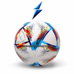 Training soccer ball with white textured panels, blue red yellow black design, NSW logo placement and thermal bonded construction style