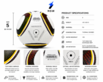 Wholesale white soccer ball with black, yellow, red and green graphic design, size 5 marking and textured grip surface
