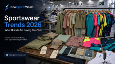2026 sportswear collection with NewSportsWears branding, recycled polyester tag, mesh fabric swatches, and colorful performance kits