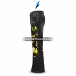 Black graphic jeans with washed denim texture, cross print, portrait artwork, distressing, and rhinestone-style lower-leg details