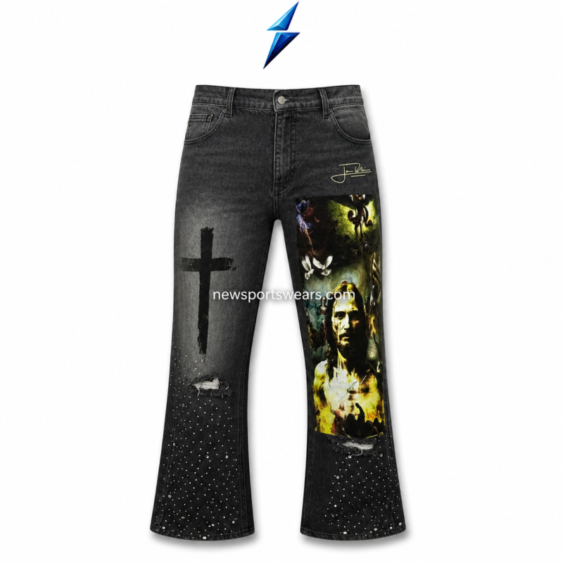 Back pose of black graphic jeans with rear pockets, number graphic, distressed knees, and decorative leg detailing