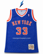 Blue basketball jersey with red white V-neck collar and sleeve trim