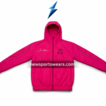 Colour range windbreaker jacket in pink, black, and navy with hooded front design and curved piping