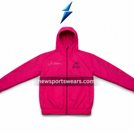 Colour range windbreaker jacket in pink, black, and navy with hooded front design and curved piping