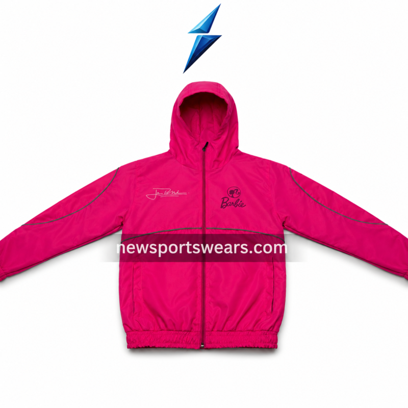 Colour range windbreaker jacket in pink, black, and navy with hooded front design and curved piping