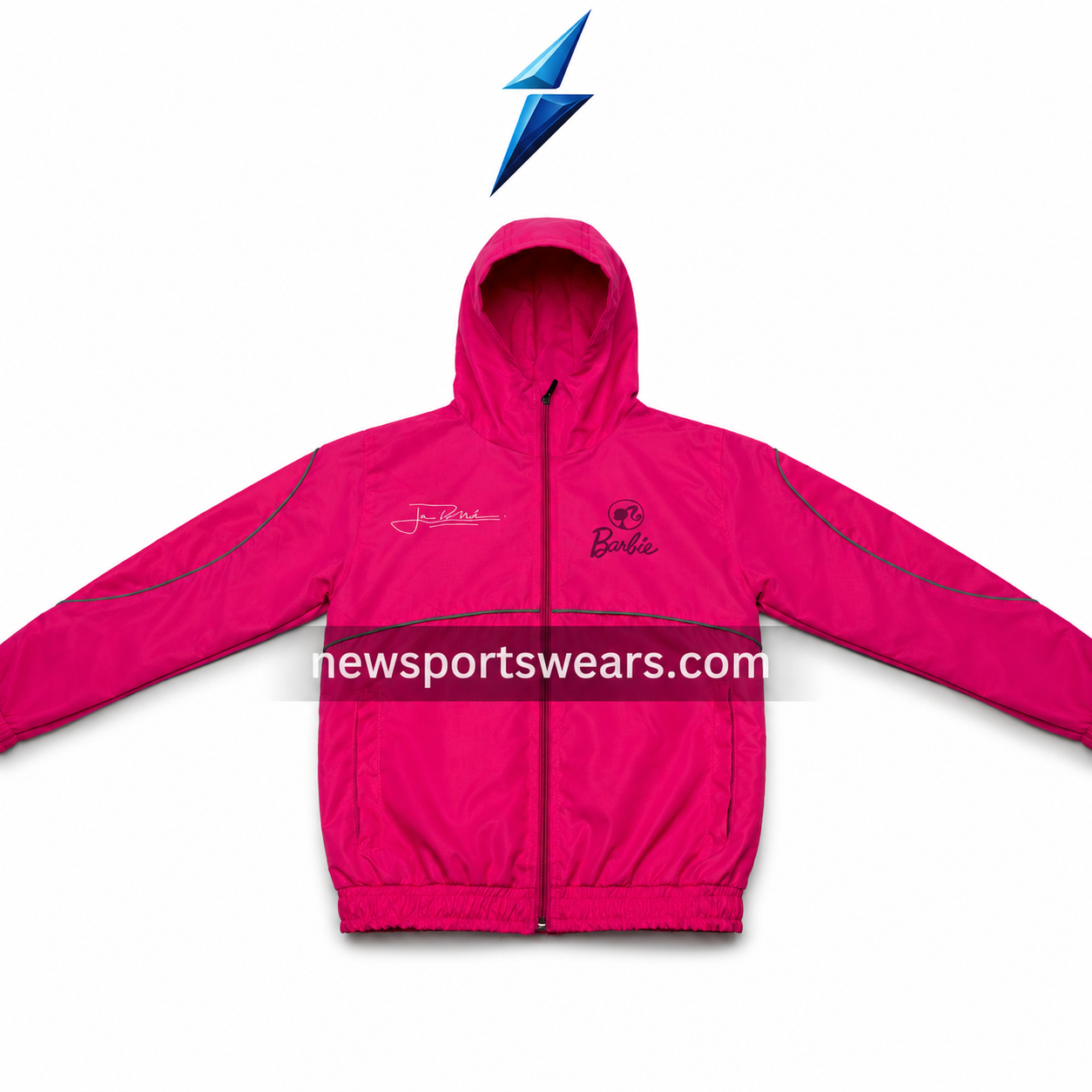 Colour Range Windbreaker Options for OEM Buyers Colour range windbreaker jacket in pink, black, and navy with hooded front design and curved piping