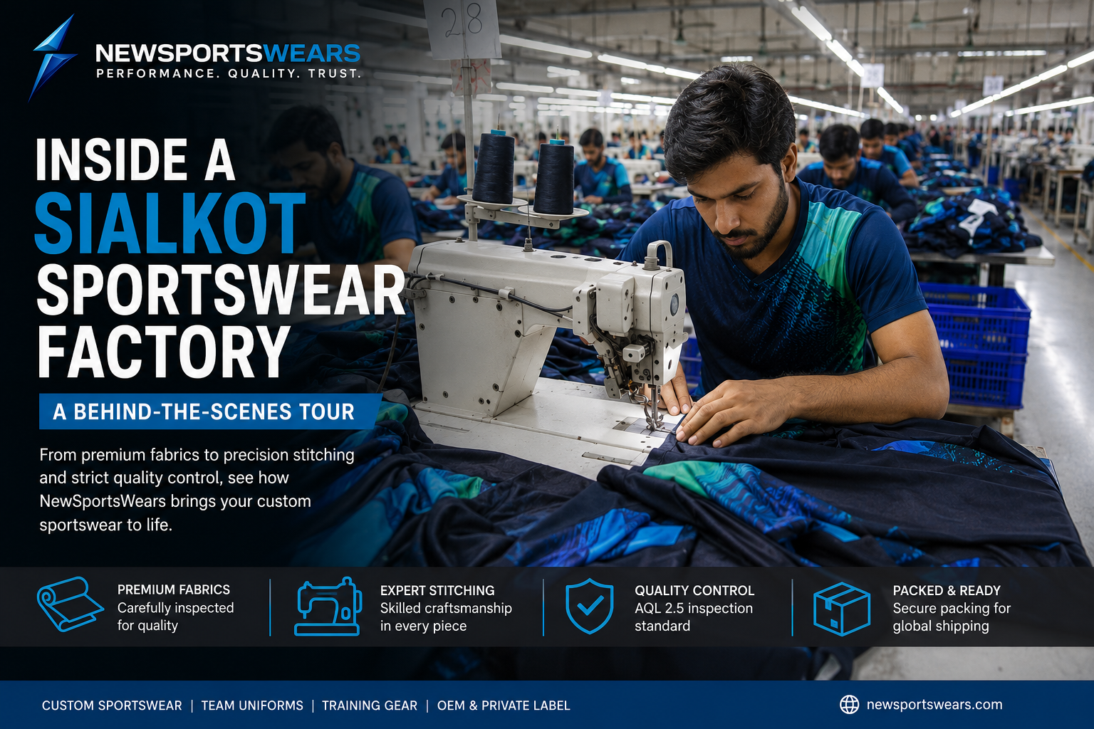 Sialkot sportswear factory worker stitching custom team uniforms on an industrial sewing line