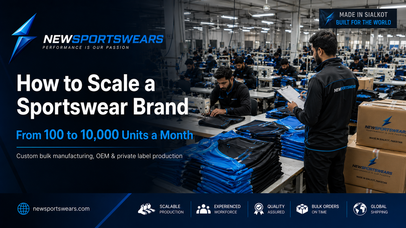 Sportswear scaling factory image showing blue black teamwear production and NewSportsWears branding
