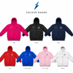 Colour range windbreaker jackets in red, royal blue, light pink, and white with matching panel design
