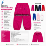 Windbreaker pant product specs image showing pink front view with logo placement and color range