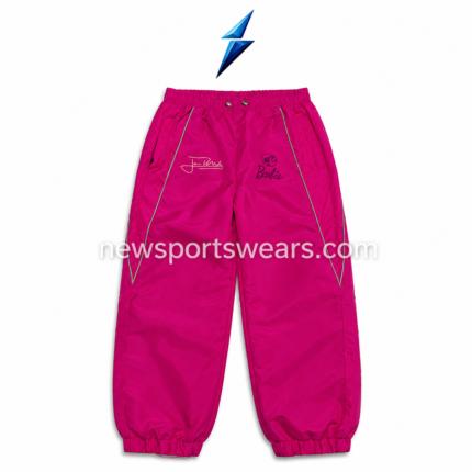 Pink windbreaker pant front view with reflective-style piping and elastic ankle cuffs