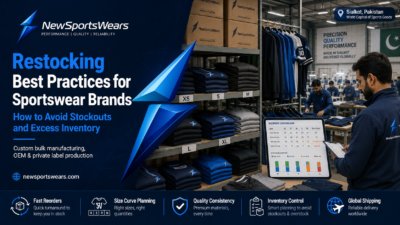 Sportswear restocking image showing NewSportsWears branded warehouse shelves, size-labeled garments, reorder dashboard, export cartons, and Sialkot factory production.