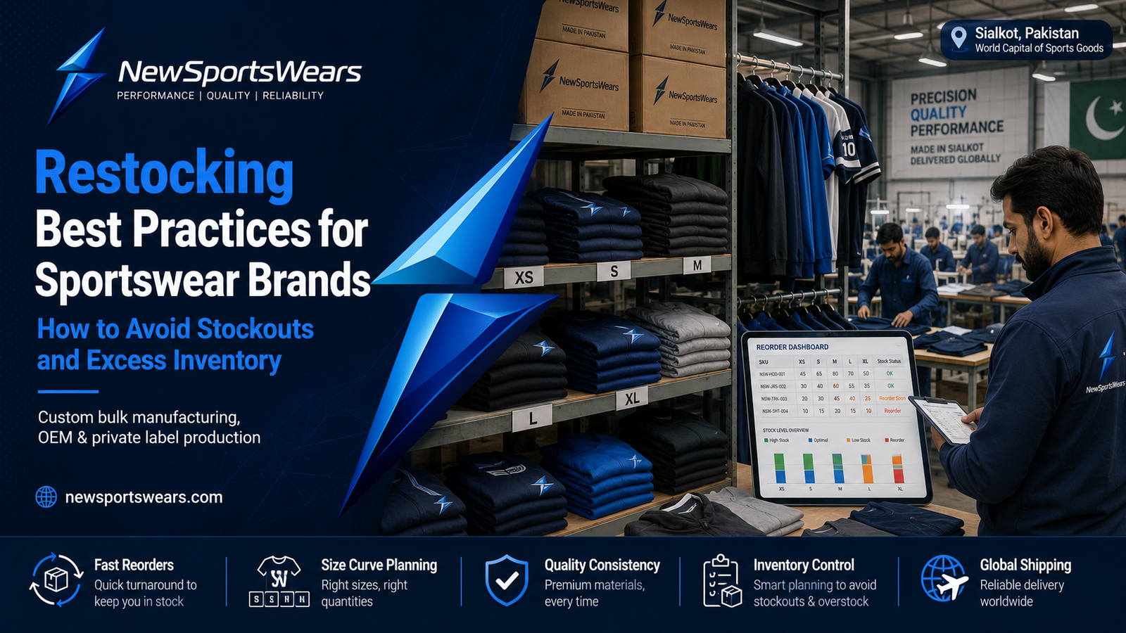 Sportswear restocking image showing NewSportsWears branded warehouse shelves, size-labeled garments, reorder dashboard, export cartons, and Sialkot factory production.